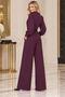 Women's Plum Balloon Sleeve Belted Shirt Collar Crepe Fabric Jumpsuit Nbk5006 - 5