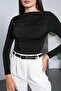 Women's Black Boat Neck Drape Detailed Blouse Pc7006