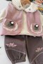 Girl's 3-Piece Winter Set with Floral Embroidery and Lace Detail Vest - Dusty Rose - 3