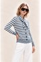 Women's Soft Textured Striped Knitwear Cardigan Scarf Collar Buttoned Long Sleeve Cardigan - 3