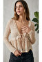 Women's Beige Ruffle Detailed Lace-Up Front Transparent Crop Blouse Cardigan - 2