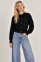 Women's Black Buttoned Long Sleeve Short Crop Knitwear Cardigan (S/M) - 5