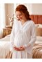 New Season Ecru Lace Detailed Special Design Long Sleeve 100% Cotton Maternity Nightgown Set with Breastfeeding Feature - 2