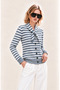 Women's Soft Textured Striped Knitwear Cardigan Scarf Collar Buttoned Long Sleeve Cardigan