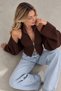 Women's Brown Balero Detailed Stylish Zippered Double Balloon Sleeve Knitwear Cardigan (S/M) - 3