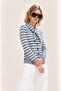 Women's Soft Textured Striped Knitwear Cardigan Scarf Collar Buttoned Long Sleeve Cardigan - 2