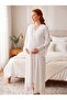 New Season Ecru Lace Detailed Special Design Long Sleeve 100% Cotton Maternity Nightgown Set with Breastfeeding Feature - 6