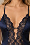 Women's Navy Blue Satin Deep V Lace Front Panel Cross Strap Nightgown - 3
