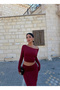Burgundy Boat Neck Skirt Suit - 4