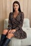 Leopard Elegance! Women's Long Sleeve Double Breasted Collared Belt Detailed Short Leopard Patterned Modal Dress