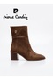 Zippered Block Heeled Dark Brown Suede Bootie - 4