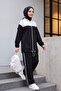 Zippered Front, Two-Strap Combed Cotton Suit with Elastic Sleeves and Skirt - Black