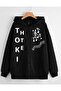 Unisex Black 3 Thread Threaded Oversize Hooded Sweatshirt Basic Comfortable Cut