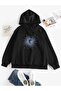 Unisex Black Streetwear Oversize Hooded Casual Cotton Sweatshirt with Pockets