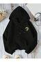 Unisex Black Oversize Hooded Sweatshirt with Kangaroo Pocket, 3 Thread Raster Hoodie