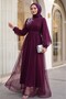 Stone Detailed Draped Belted Tulle Evening Dress - Plum - 4