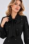 Women's Bow Collar Pearl Stone Detailed Long Sleeve Slit Midi Evening Dress Elegant Event Dress - 2