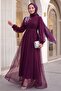 Stone Detailed Draped Belted Tulle Evening Dress - Plum