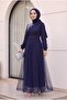 Stone Detailed Draped Belted Tulle Evening Dress - Dark Navy Blue - 5