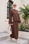 Round Neck, Stripe Detailed, Elastic Waist, Skirt, Two-Strap Combed Cotton Suit - Brown - 5