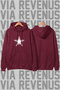 Star Printed Unisex Wide Fit Claret Red Hoodie Sweatshirt - 3 Thread Fleece Hood with Drawstring Detail