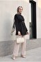 Elastic Waist, Folded Sleeves, Single Button Crepe Kimono - Black - 3
