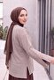 Crew Neck Slit Striped Viscose Sweatshirt - Light Brown - 5