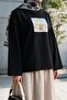 Crew Neck Front Printed Loose Combed Cotton Sweatshirt - Black - 3