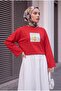 Crew Neck Front Printed Loose Combed Cotton Sweatshirt -Red