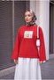 Crew Neck Front Printed Loose Combed Cotton Sweatshirt -Red - 3