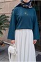 Floral Embroidery Round Neck Loose Combed Cotton Blouse -Petrol - 5
