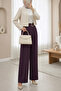 Buckle Belted, Folded Waist, Wide Leg Modal Crepe Trousers - Plum - 3