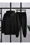 Printed Unisex Top and Bottom Black Tracksuit Set Oversize Hooded - 2
