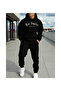 Printed Unisex Top and Bottom Black Tracksuit Set Oversize Hooded