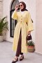 Brooch Detailed Embossed Polka Dot Patterned Jacquard Kimono with Slits on the Sides - Yellow