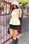 Cream Gülseli Women's Short Sleeve Knitwear Blouse with Scarf Accessory - 4