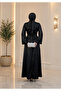 Spanish Style Satin Evening Dress with Sleeves and Belt Black - 5