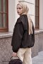 Bitter Brown Bomber Jacket with Gathered Collar - 3