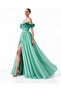 Green Floral Detailed Off-Shoulder Slit Long Evening Dress - 3