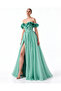 Green Floral Detailed Off-Shoulder Slit Long Evening Dress