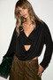 Avena Women's Deep V-Neck Flowy Long Sleeve Black Blouse