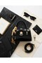 Shiny Black Women's Mini Clutch Bag with Gold Lock Detail, Zip Detail, Scarf Accessory, and Crisscross Straps by CANED - 4
