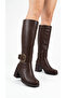 Women's Leather Look Large Buckle Detailed Zippered Thick Heeled Below the Knee Boots