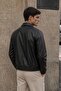 Tuc 1022 Men's Black Shirt Collar Leather Jacket with Snap Fasteners - Bomber Leather Coat with Elastic Waist and Sleeves - 4