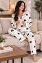 Women's Ribbon Patterned Soft-Textured Brushed Inside Winter Cotton Long Sleeve Comfortable Fit Pajama Set - 5