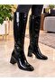 Women's Black Patent Leather Below-Knee Boots with Low Thick Heel and Zipper, Stylish for Winter