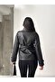 Belted High Collar Leather Jacket Black - 6