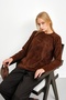 Brown Crew Neck Patterned Angora Soft Knit Sweater