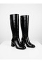 Women's Black Patent Leather Below-Knee Boots with Low Thick Heel and Zipper, Stylish for Winter - 2