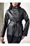 Belted High Collar Leather Jacket Black - 5
